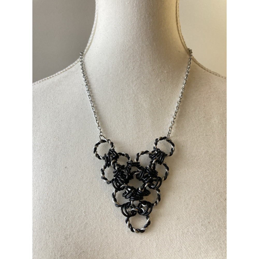 Black & Silver Tone Wirework Statement Necklace Geometric Pendant Modernist